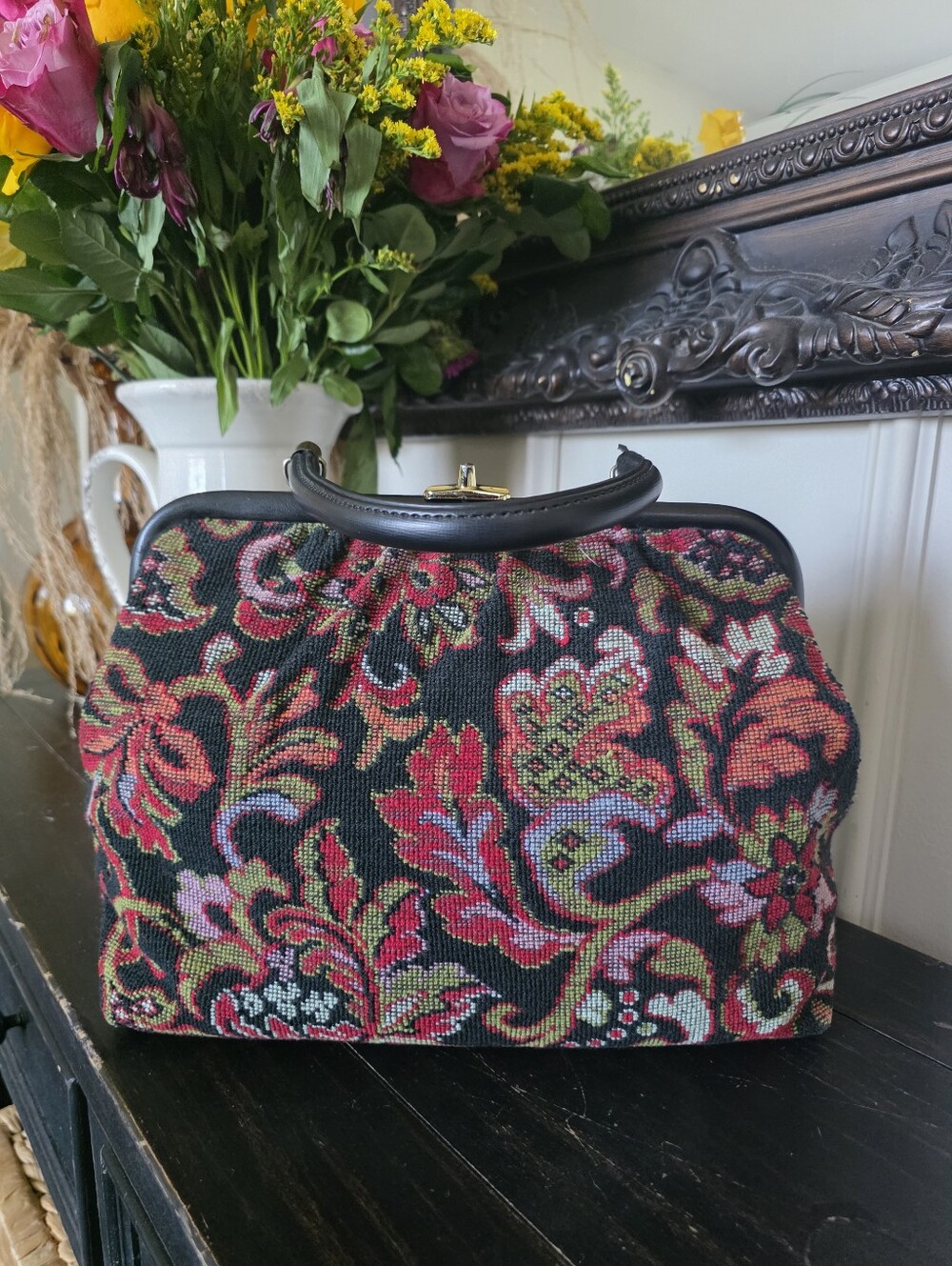 Tapestry Top Handle Kisslock Style Hand Bag Purse Vtg Verdi Made In USA 14x11x5